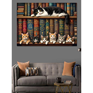 Kütüphane Rafında Uykucu Kedi Dekoratif Kanvas - Mdf Ahşap Tablo 100x140 cm