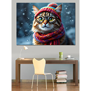 Atkılı Sevimli Kış Kedisi Dekoratif Kanvas - Mdf Ahşap Tablo 25x35 cm