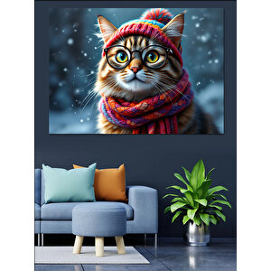 Atkılı Sevimli Kış Kedisi Dekoratif Kanvas - Mdf Ahşap Tablo