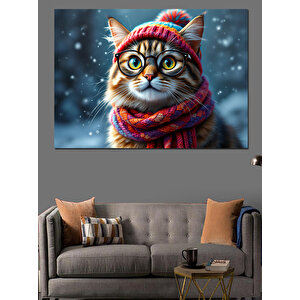 Atkılı Sevimli Kış Kedisi Dekoratif Kanvas - Mdf Ahşap Tablo