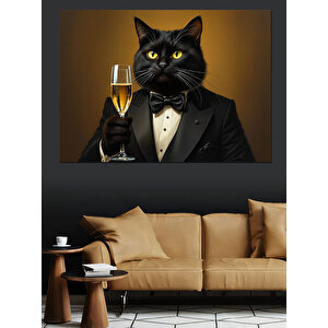 Smokinli Kadehli Siyah Kedi Dekoratif Kanvas - Mdf Ahşap Tablo 70x100 cm