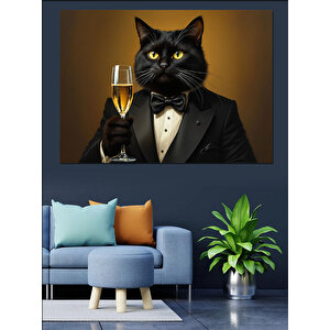 Smokinli Kadehli Siyah Kedi Dekoratif Kanvas - Mdf Ahşap Tablo 70x100 cm