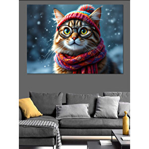 Atkılı Sevimli Kış Kedisi Dekoratif Kanvas - Mdf Ahşap Tablo 100x140 cm