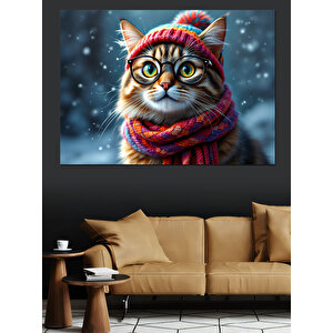 Atkılı Sevimli Kış Kedisi Dekoratif Kanvas - Mdf Ahşap Tablo 100x140 cm
