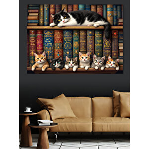 Kütüphane Rafında Uykucu Kedi Dekoratif Kanvas - Mdf Ahşap Tablo 70x100 cm