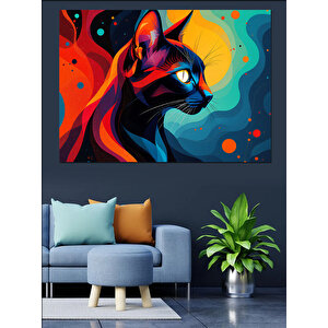 Neon Renkli Kara Kedi Dekoratif Kanvas - Mdf Ahşap Tablo