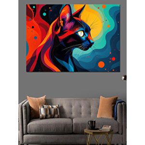 Neon Renkli Kara Kedi Dekoratif Kanvas - Mdf Ahşap Tablo