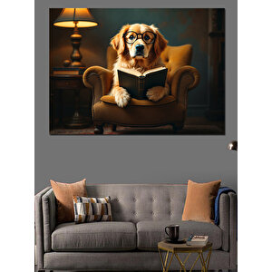 Kitap Okuyan Şık Köpek Dekoratif Kanvas - Mdf Ahşap Tablo 35x50 cm