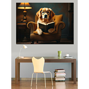 Kitap Okuyan Şık Köpek Dekoratif Kanvas - Mdf Ahşap Tablo 35x50 cm