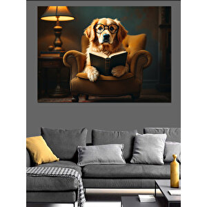 Kitap Okuyan Şık Köpek Dekoratif Kanvas - Mdf Ahşap Tablo 35x50 cm