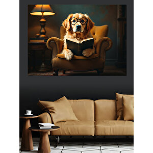 Kitap Okuyan Şık Köpek Dekoratif Kanvas - Mdf Ahşap Tablo