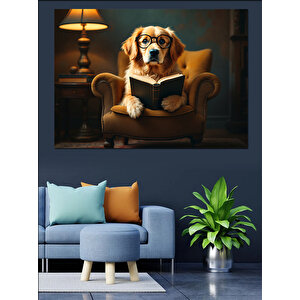 Kitap Okuyan Şık Köpek Dekoratif Kanvas - Mdf Ahşap Tablo