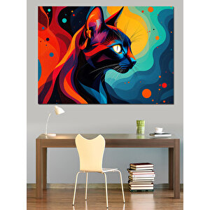 Neon Renkli Kara Kedi Dekoratif Kanvas - Mdf Ahşap Tablo 35x50 cm