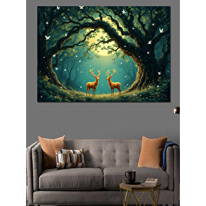 Ormanda Işık Altında Geyikler Dekoratif Kanvas - Mdf Ahşap Tablo 35x50 cm