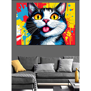 Renkli Patili Komik Kedi Dekoratif Kanvas - Mdf Ahşap Tablo 50x70 cm