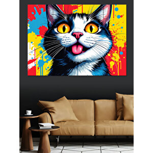 Renkli Patili Komik Kedi Dekoratif Kanvas - Mdf Ahşap Tablo 50x70 cm