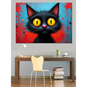 Kırmızı Arka Plan Kara Kedi Dekoratif Kanvas - Mdf Ahşap Tablo 70x100 cm