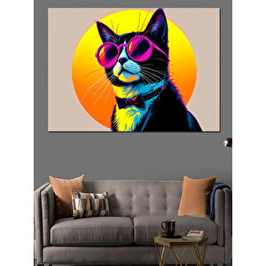 Güneş Gözlüklü Renkli Kedi Dekoratif Kanvas - Mdf Ahşap Tablo 100x140 cm