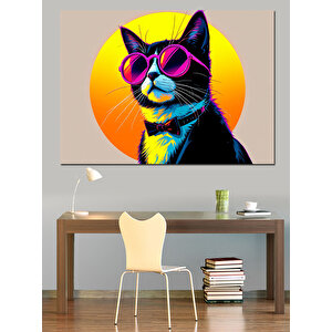 Güneş Gözlüklü Renkli Kedi Dekoratif Kanvas - Mdf Ahşap Tablo 100x140 cm