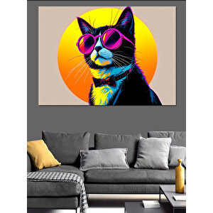 Güneş Gözlüklü Renkli Kedi Dekoratif Kanvas - Mdf Ahşap Tablo 100x140 cm