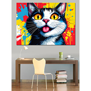 Renkli Patili Komik Kedi Dekoratif Kanvas - Mdf Ahşap Tablo 100x140 cm