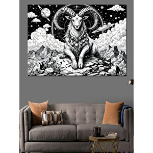 Boynuzlu Keçi Ve Geometrik Arka Plan Dekoratif Kanvas - Mdf Ahşap Tablo 25x35 cm