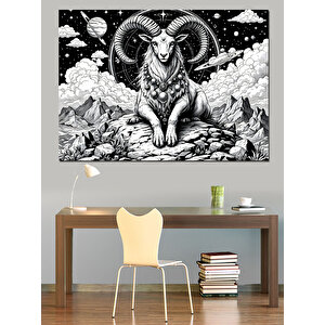 Boynuzlu Keçi Ve Geometrik Arka Plan Dekoratif Kanvas - Mdf Ahşap Tablo 25x35 cm