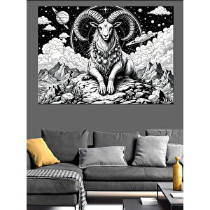 Boynuzlu Keçi Ve Geometrik Arka Plan Dekoratif Kanvas - Mdf Ahşap Tablo 25x35 cm