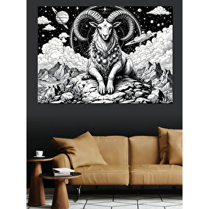 Boynuzlu Keçi Ve Geometrik Arka Plan Dekoratif Kanvas - Mdf Ahşap Tablo