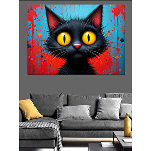 Kırmızı Arka Plan Kara Kedi Dekoratif Kanvas - Mdf Ahşap Tablo