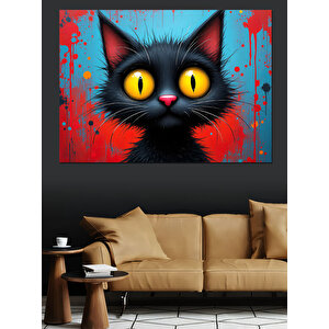 Kırmızı Arka Plan Kara Kedi Dekoratif Kanvas - Mdf Ahşap Tablo