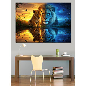 Aslanlar Ve Su Yansıması Dekoratif Kanvas - Mdf Ahşap Tablo 100x140 cm