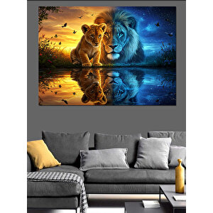 Aslanlar Ve Su Yansıması Dekoratif Kanvas - Mdf Ahşap Tablo 100x140 cm