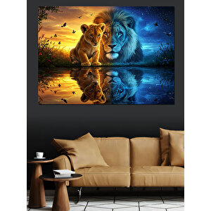 Aslanlar Ve Su Yansıması Dekoratif Kanvas - Mdf Ahşap Tablo 100x140 cm