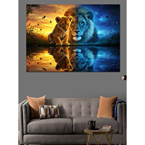 Aslanlar Ve Su Yansıması Dekoratif Kanvas - Mdf Ahşap Tablo