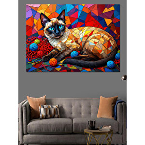 Geometrik Desenli Mavi Gözlü Siyam Kedi Dekoratif Kanvas - Mdf Ahşap Tablo 25x35 cm