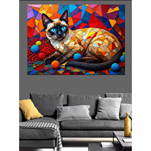 Geometrik Desenli Mavi Gözlü Siyam Kedi Dekoratif Kanvas - Mdf Ahşap Tablo