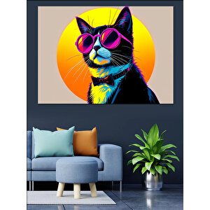 Güneş Gözlüklü Renkli Kedi Dekoratif Kanvas - Mdf Ahşap Tablo