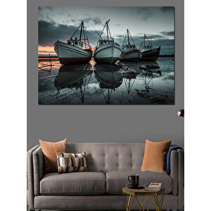 Göl Üzerinde Balıkçı Tekneleri Dekoratif Kanvas - Mdf Ahşap Tablo 70x100 cm