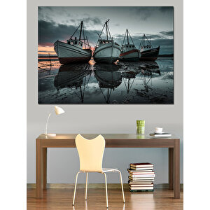 Göl Üzerinde Balıkçı Tekneleri Dekoratif Kanvas - Mdf Ahşap Tablo 70x100 cm