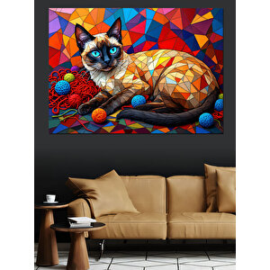 Geometrik Desenli Mavi Gözlü Siyam Kedi Dekoratif Kanvas - Mdf Ahşap Tablo 50x70 cm