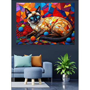 Geometrik Desenli Mavi Gözlü Siyam Kedi Dekoratif Kanvas - Mdf Ahşap Tablo 50x70 cm
