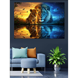 Aslanlar Ve Su Yansıması Dekoratif Kanvas - Mdf Ahşap Tablo