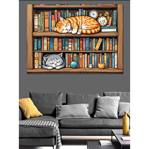Kütüphanede Uyuyan Kedi Dekoratif Kanvas - Mdf Ahşap Tablo
