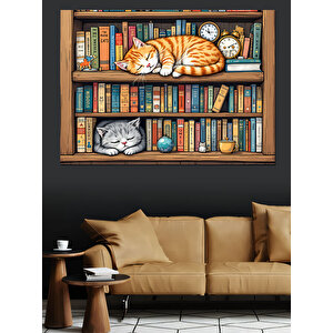 Kütüphanede Uyuyan Kedi Dekoratif Kanvas - Mdf Ahşap Tablo