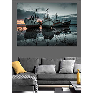 Göl Üzerinde Balıkçı Tekneleri Dekoratif Kanvas - Mdf Ahşap Tablo