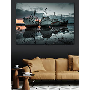 Göl Üzerinde Balıkçı Tekneleri Dekoratif Kanvas - Mdf Ahşap Tablo