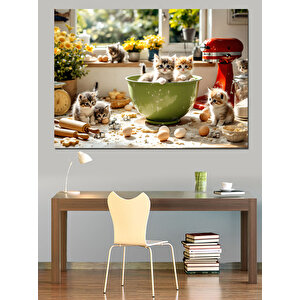 Mutfakta Oynayan Sevimli Kediler Dekoratif Kanvas - Mdf Ahşap Tablo