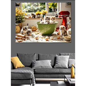 Mutfakta Oynayan Sevimli Kediler Dekoratif Kanvas - Mdf Ahşap Tablo