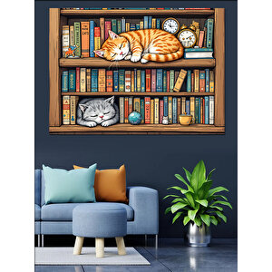 Kütüphanede Uyuyan Kedi Dekoratif Kanvas - Mdf Ahşap Tablo 100x140 cm